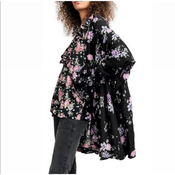 Free People Loretta Floral Print Tunic Shirt Women Size Small Ruffle Black Pink - Picture 4 of 9